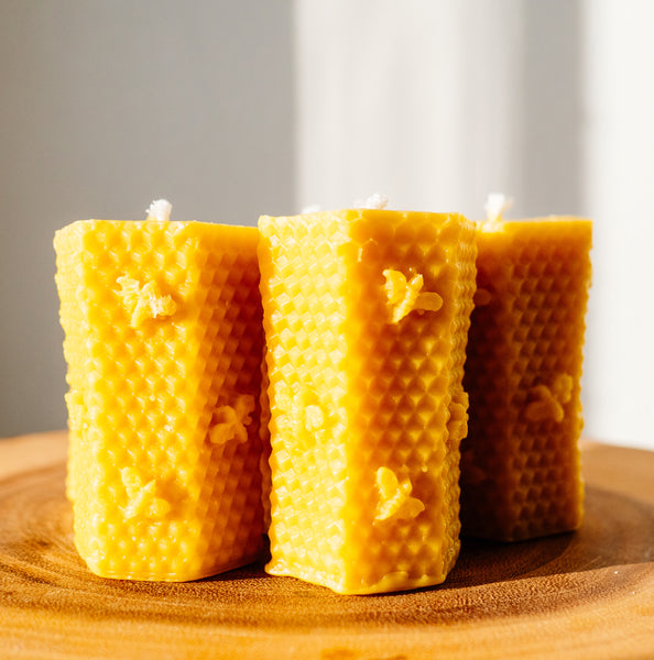 three honeycomb beeswax candle