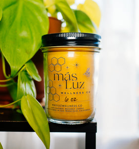 8 oz jar beeswax candle on a shelf next to a plant