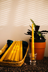 group of beeswax tapers in a basket, next to a single beeswax taper standing on a glass holder and a potted plant behind it.