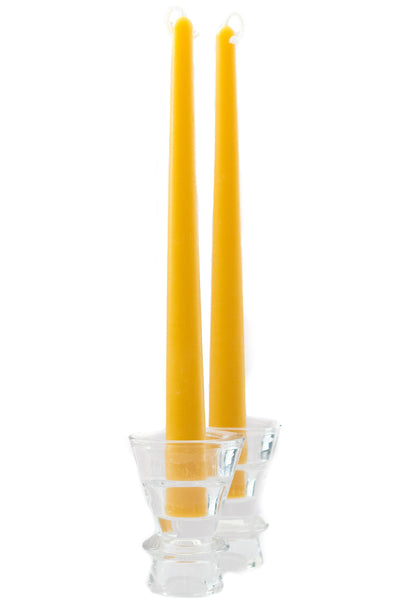 two beeswax taper candles standing on a glass candle holder behind a bright white background